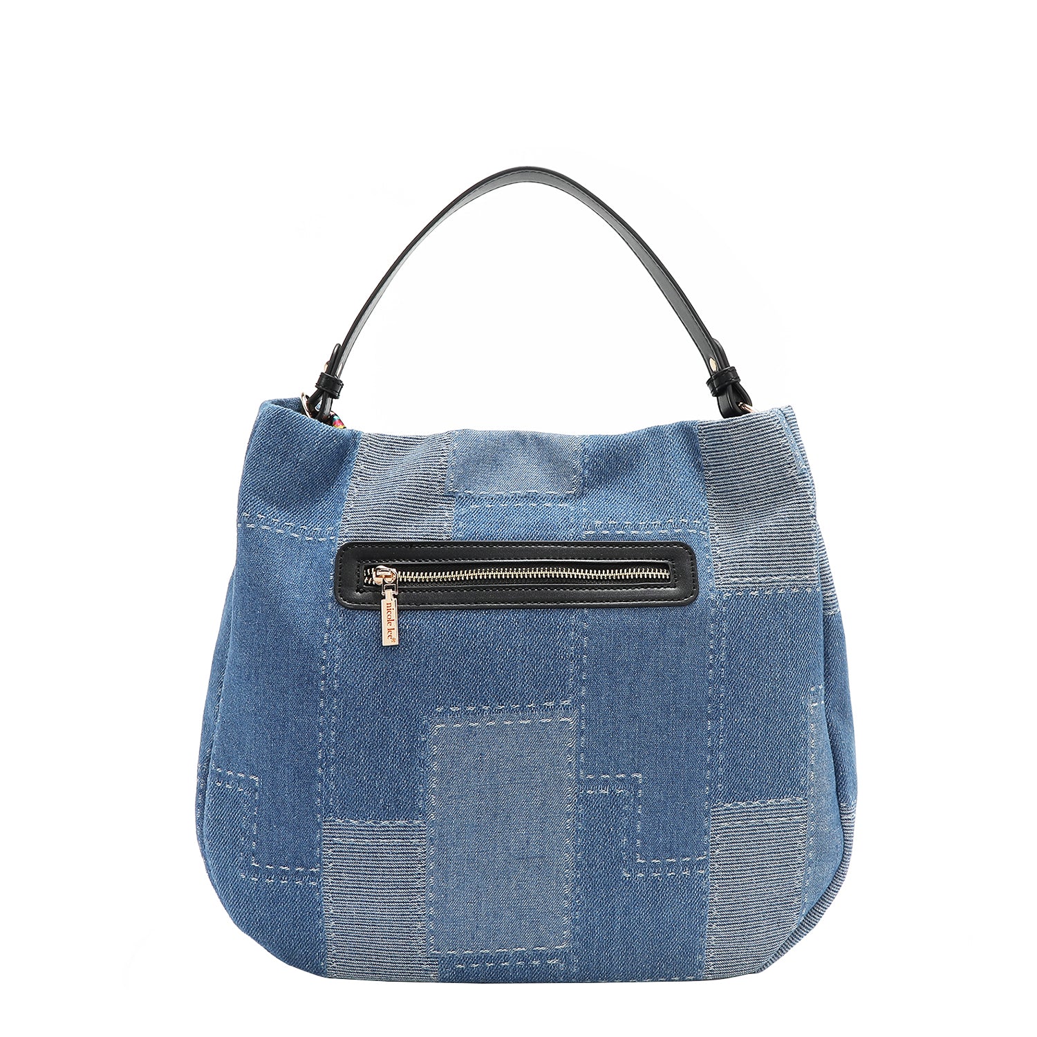 Back view of our denim hobo Bag in our Nicole Lee Bosque de Amor design with black handles and Cotton denim exterior with faux vegan leather accents.