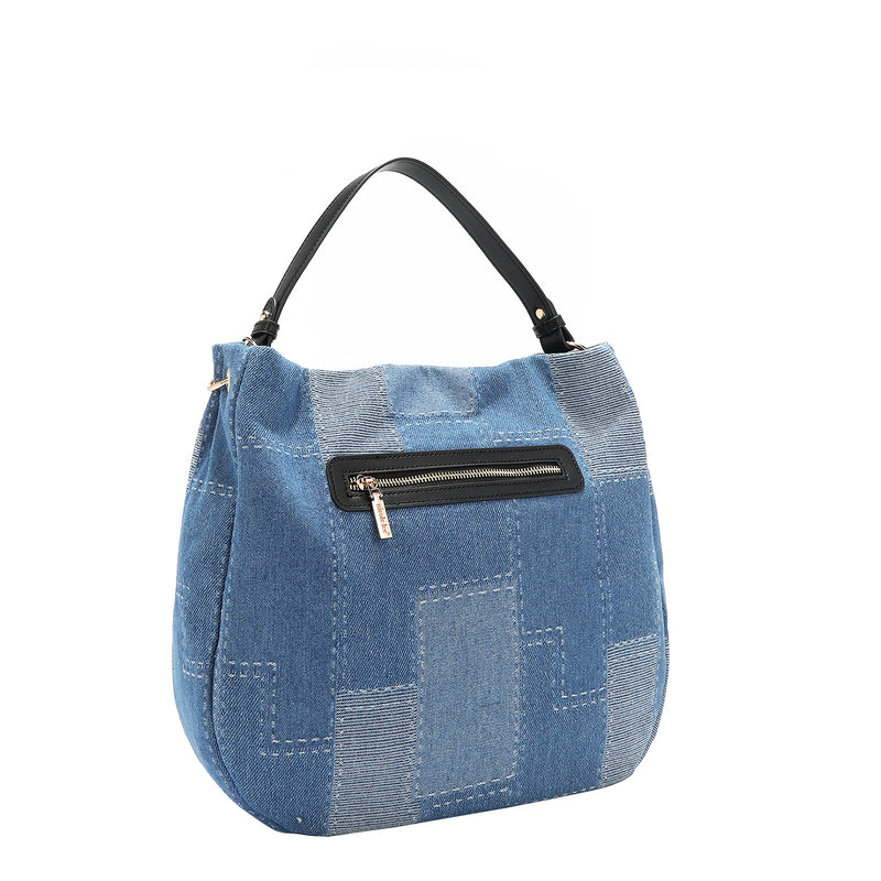 Back view of our denim hobo Bag in our Nicole Lee Bosque de Amor design with black handles and Cotton denim exterior with faux vegan leather accents.