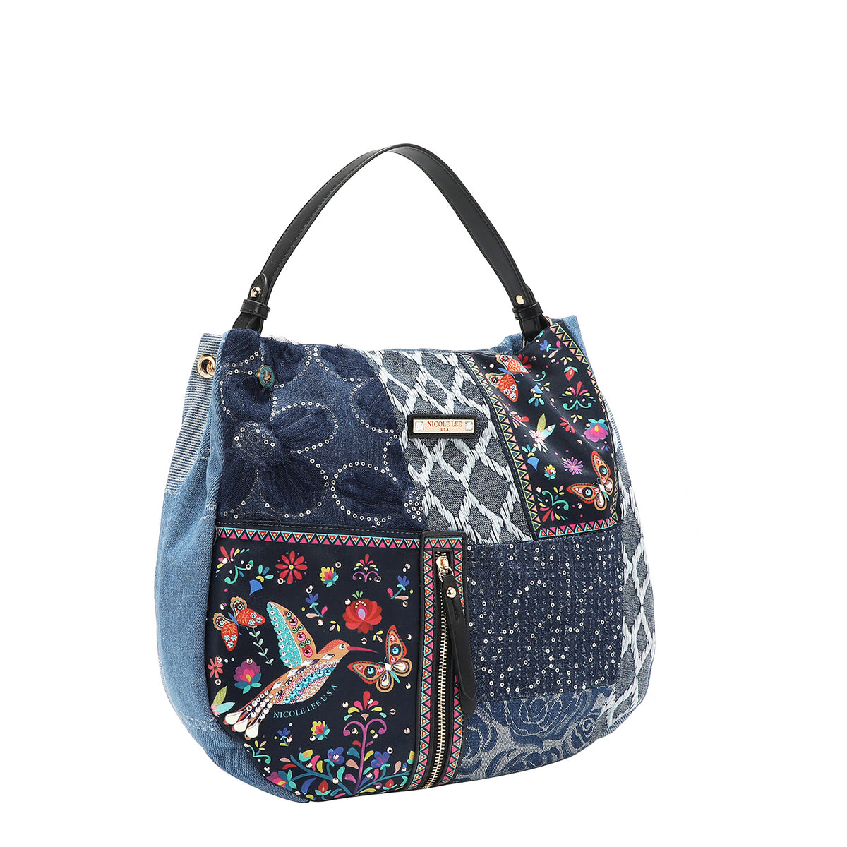Our Bosque de amor handbag with floral, butterflies and a hummingbird featuring geometric patterns set on a white background