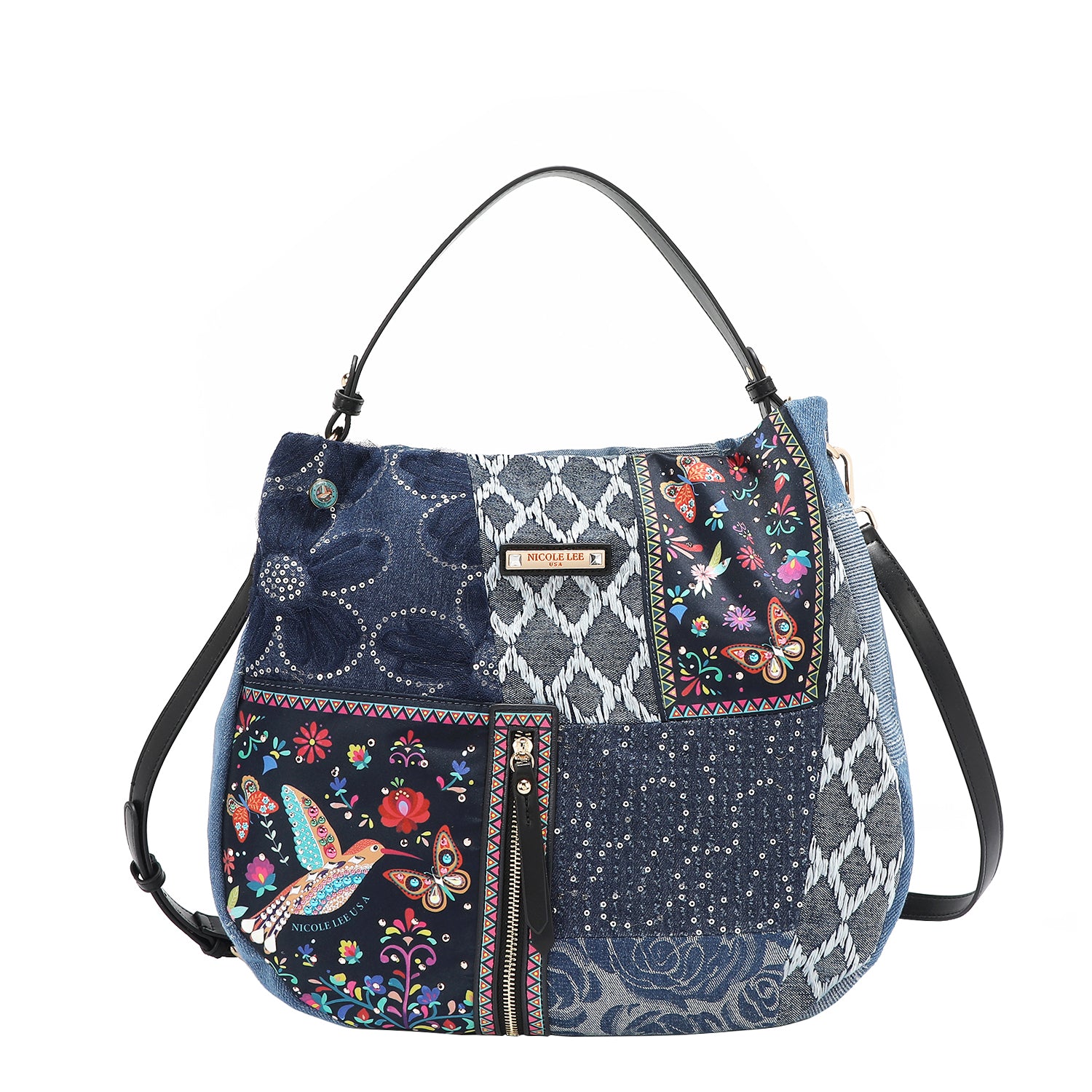 Our Bosque de amor handbag with floral, butterflies and a hummingbird featuring geometric patterns with shoulder strap set on a white background