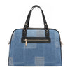 Back view of our denim satchel Bag in our Nicole Lee Bosque de Amor design with black handles and Cotton denim exterior with faux vegan leather accents.