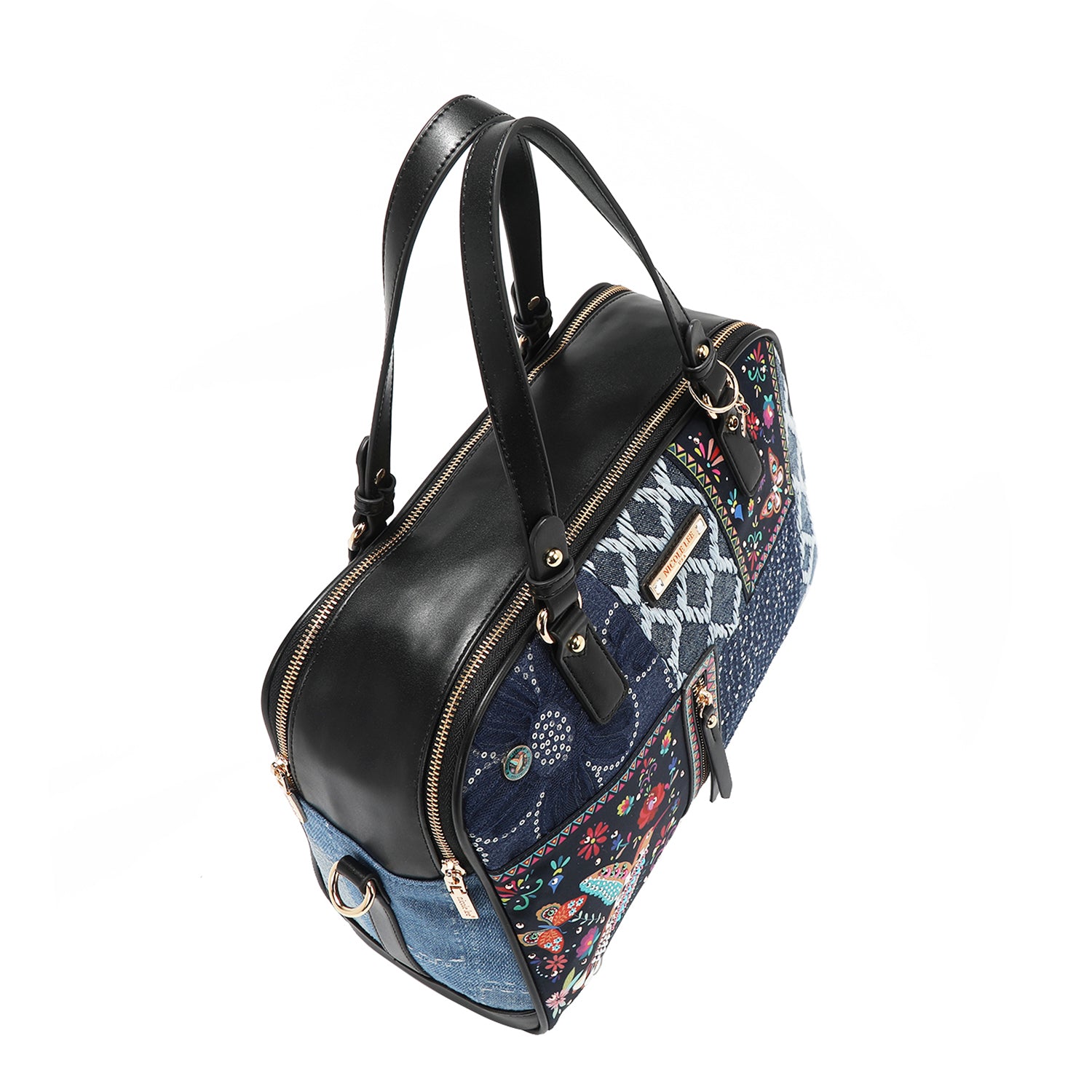 Top angle of the Bosque De Amor denim Satchel bag.