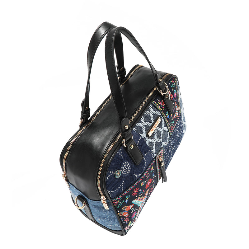 Top angle of the Bosque De Amor denim Satchel bag.