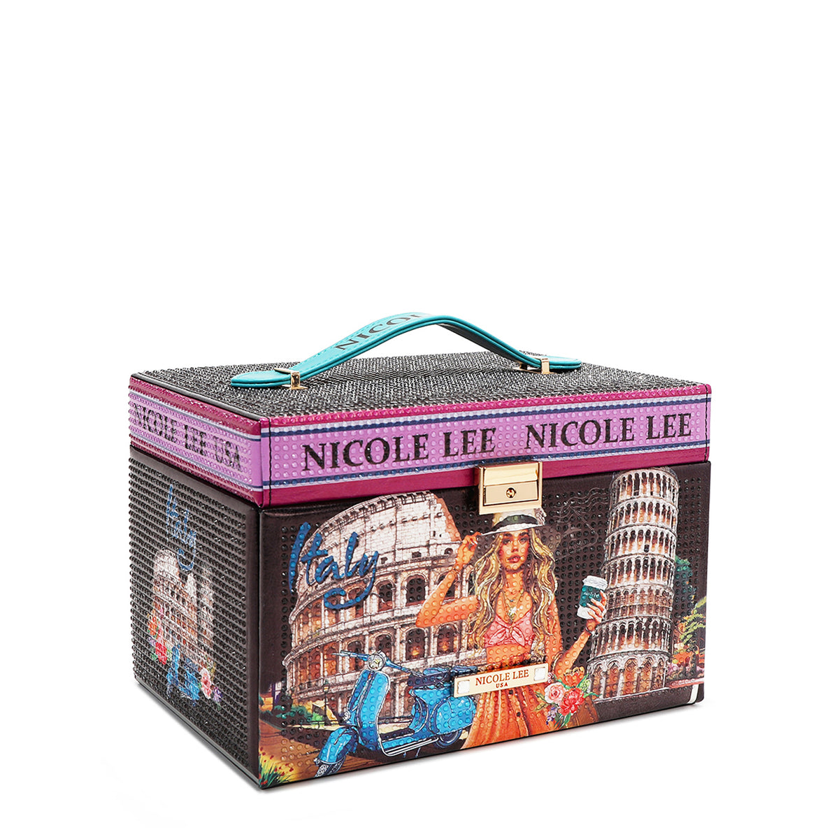 FRONT LARGE JEWELRY BOX WITH TOP HANDLE RHINESTONES ALL AROUND, HAS THE NAME NICOLE LEE PRINTED ON THE TOP EDGE AND ALL AROUND IT, WITH A BLACK BACKGROUND SHOWING A PICTURE OF THE COLOSSEUM IN ROME ITALY AND THE LEANING TOWER OF PISA , IN THE MIDDLE IS A BLONDE GIRL WITH A CUP ON HER HAND AND A HANDBAG ON HER ARM WITH A BOUQUET OF FLOWERS AND A BLUE VESPA SCOOTER NEXT TO HER.