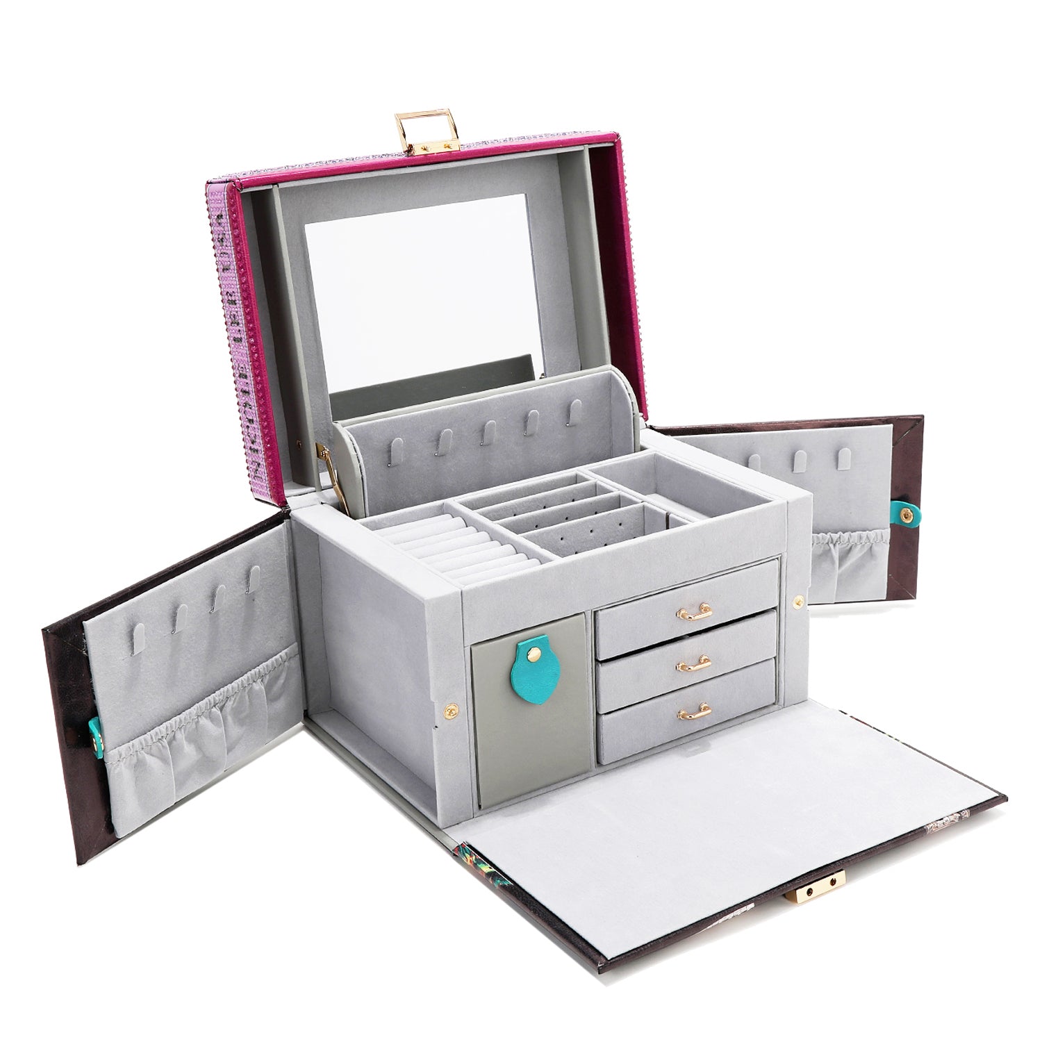 GRAY VELVET INTERIOR LINING WITH MIRROR WITH SEVERAL COMPARMENTS FOR RINGS, NECKLACE AND BRACELETS