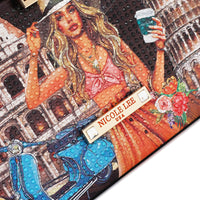 A CLOSER PHOTO OF THE FRONT SHOWING A SMALL GOLD PLAQUE BY NICOLE LEE WITH 2 RHINESTONES.