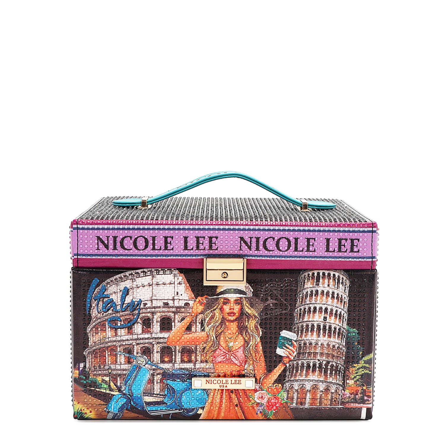 FRONT LARGE JEWELRY BOX WITH TOP HANDLE RHINESTONES ALL AROUND, HAS THE NAME NICOLE LEE PRINTED ON THE TOP EDGE AND ALL AROUND IT, WITH A BLACK BACKGROUND SHOWING A PICTURE OF THE COLOSSEUM IN ROME ITALY AND THE LEANING TOWER OF PISA , IN THE MIDDLE IS A BLONDE GIRL WITH A CUP ON HER HAND AND A HANDBAG ON HER ARM WITH A BOUQUET OF FLOWERS AND A BLUE VESPA SCOOTER NEXT TO HER.