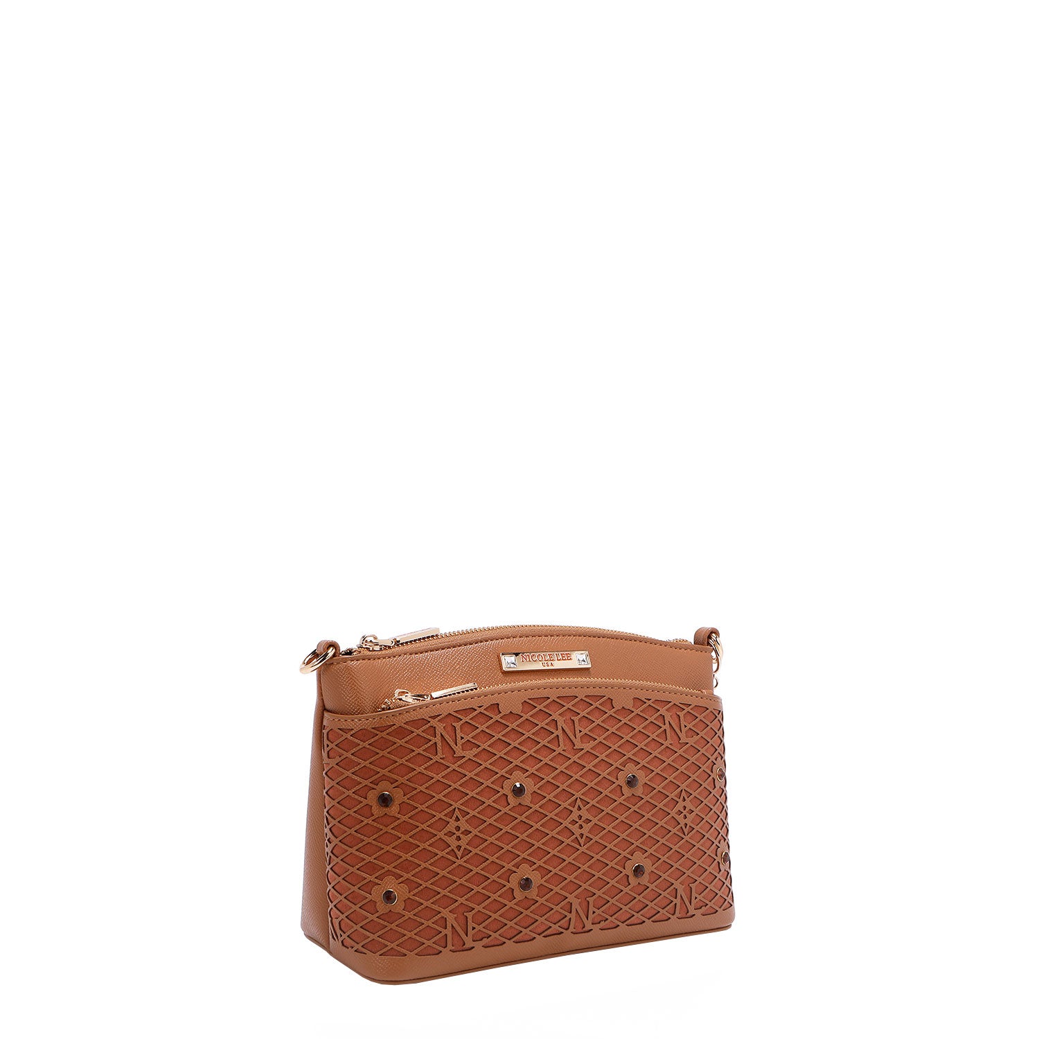 OUR GRACIE CROSSBODY WITH LACER-CUT AND RHINESTONES DETAILS IN COLOR BROWN.