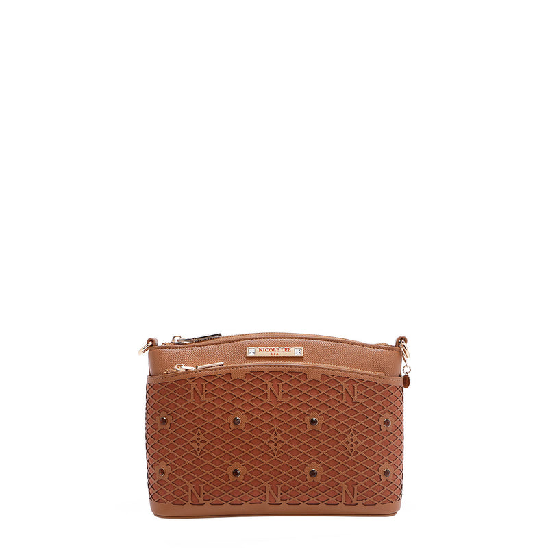 OUR GRACIE CROSSBODY WITH LACER-CUT AND RHINESTONES DETAILS IN COLOR BROWN.