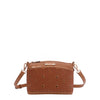 OUR GRACIE CROSSBODY WITH LACER-CUT AND RHINESTONES DETAILS IN COLOR BROWN.