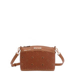 OUR GRACIE CROSSBODY WITH LACER-CUT AND RHINESTONES DETAILS IN COLOR BROWN.