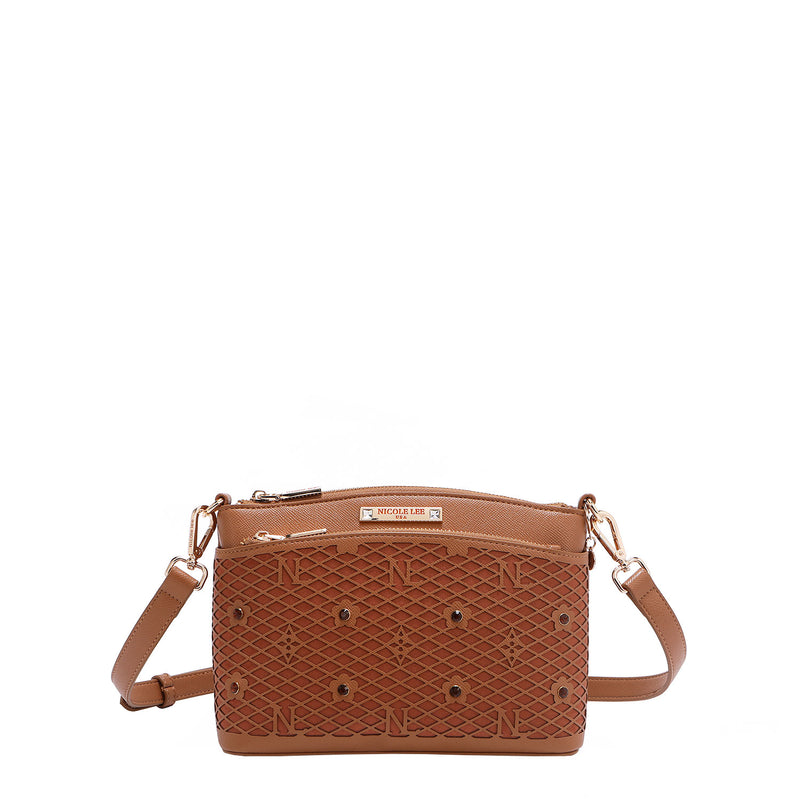 OUR GRACIE CROSSBODY WITH LACER-CUT AND RHINESTONES DETAILS IN COLOR BROWN.