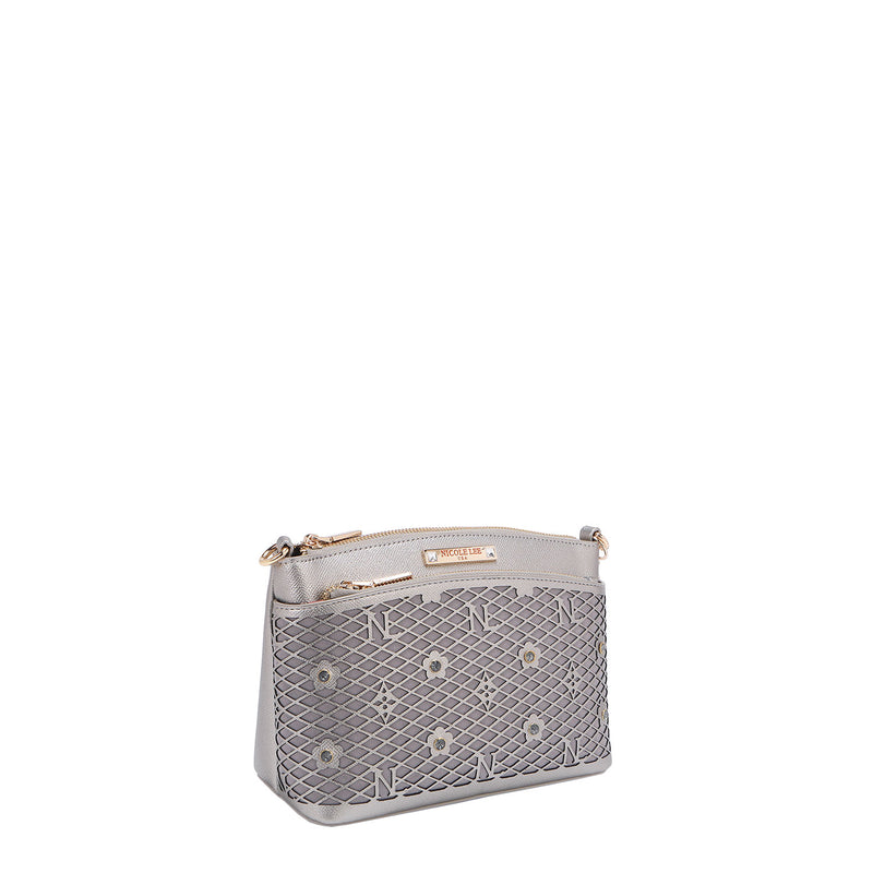 OUR GRACIE CROSSBODY WITH LACER-CUT AND RHINESTONES DETAILS IN COLOR PEWTER.