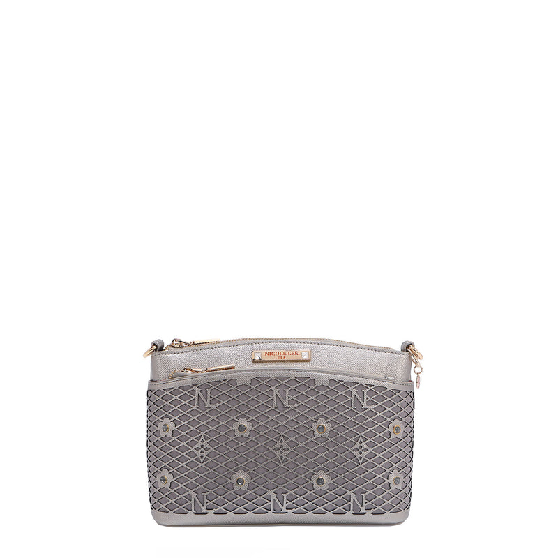 OUR GRACIE CROSSBODY WITH LACER-CUT AND RHINESTONES DETAILS IN COLOR PEWTER.