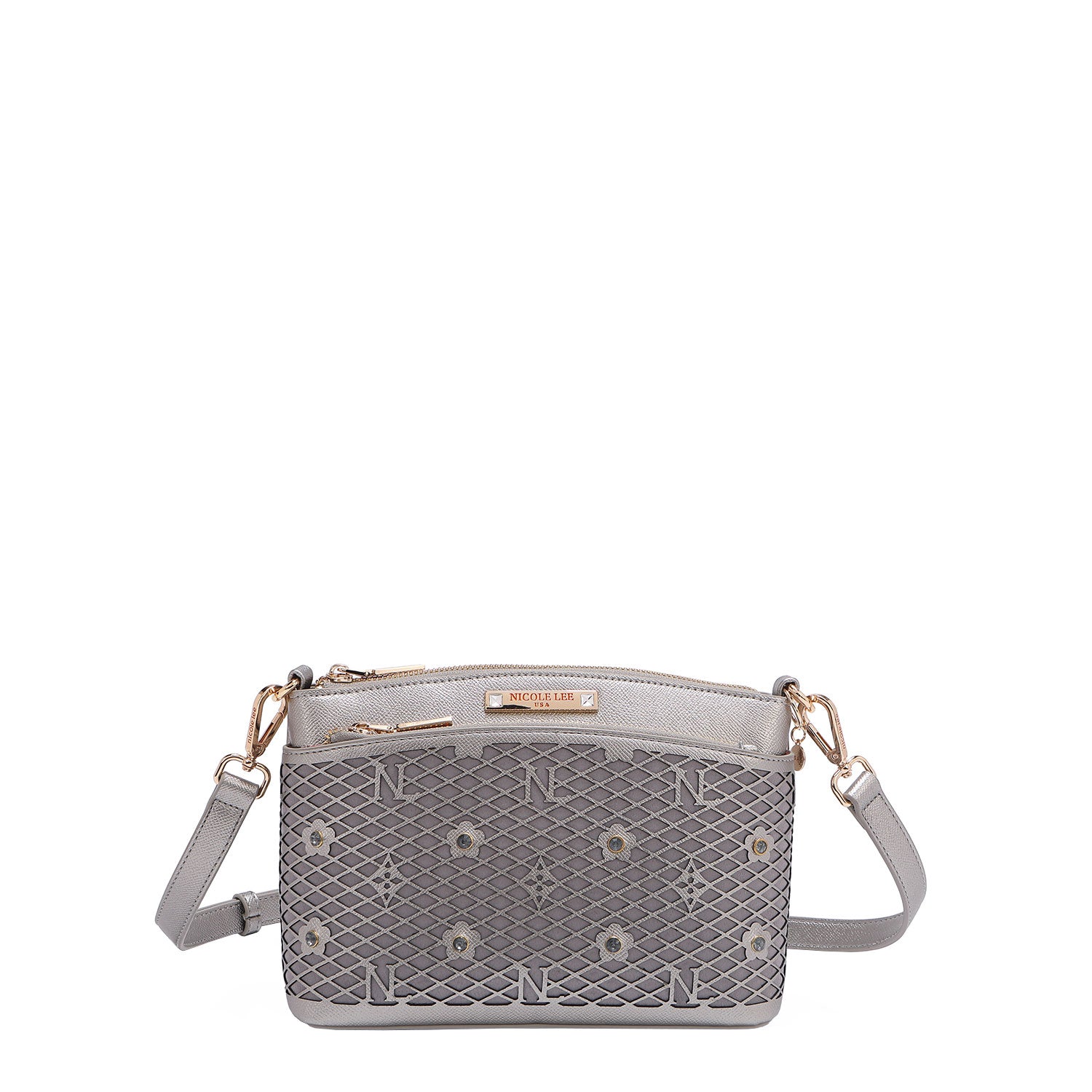 OUR GRACIE CROSSBODY WITH LACER-CUT AND RHINESTONES DETAILS IN COLOR PEWTER.