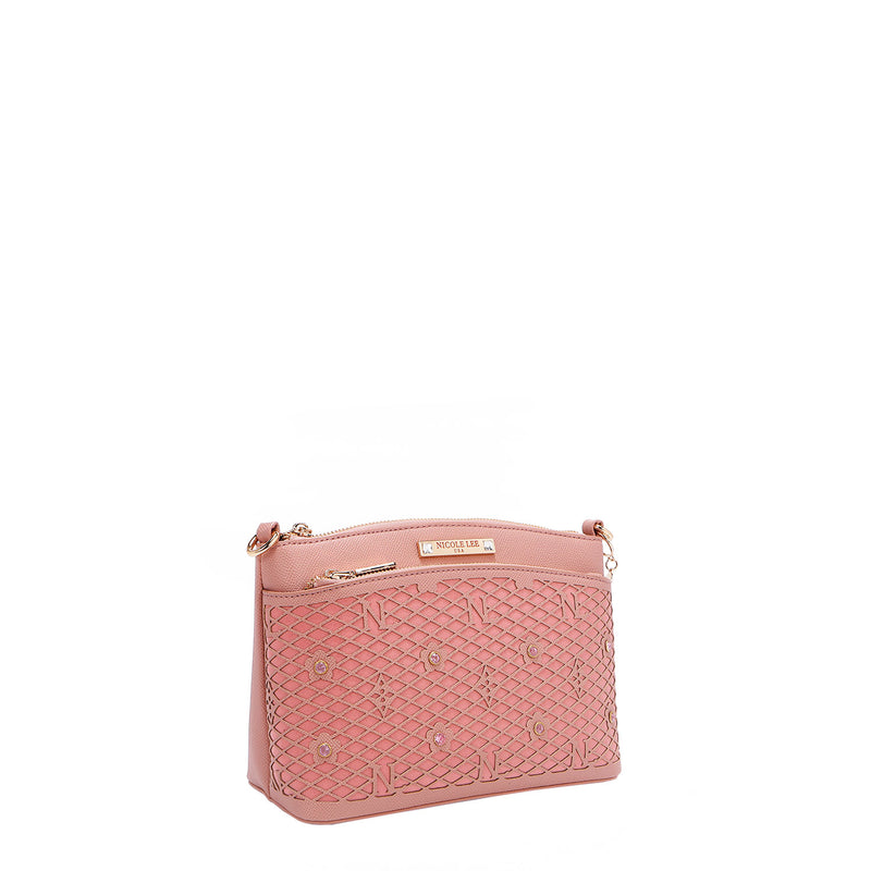 OUR GRACIE CROSSBODY WITH LACER-CUT AND RHINESTONES DETAILS IN COLOR PINK