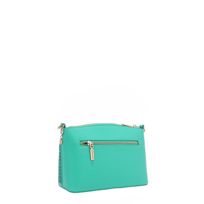 OUR GRACIE CROSSBODY BACK ZIP POCHET MADE WITH VEGAN LEATHER EXTERIOR.
