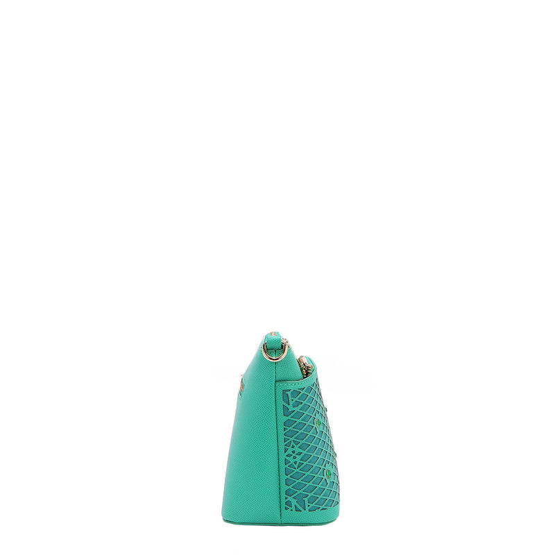 OUR GRACIE CROSSBODY WITH LACER-CUT AND RHINESTONES DETAILS IN COLOR EMERALD.
