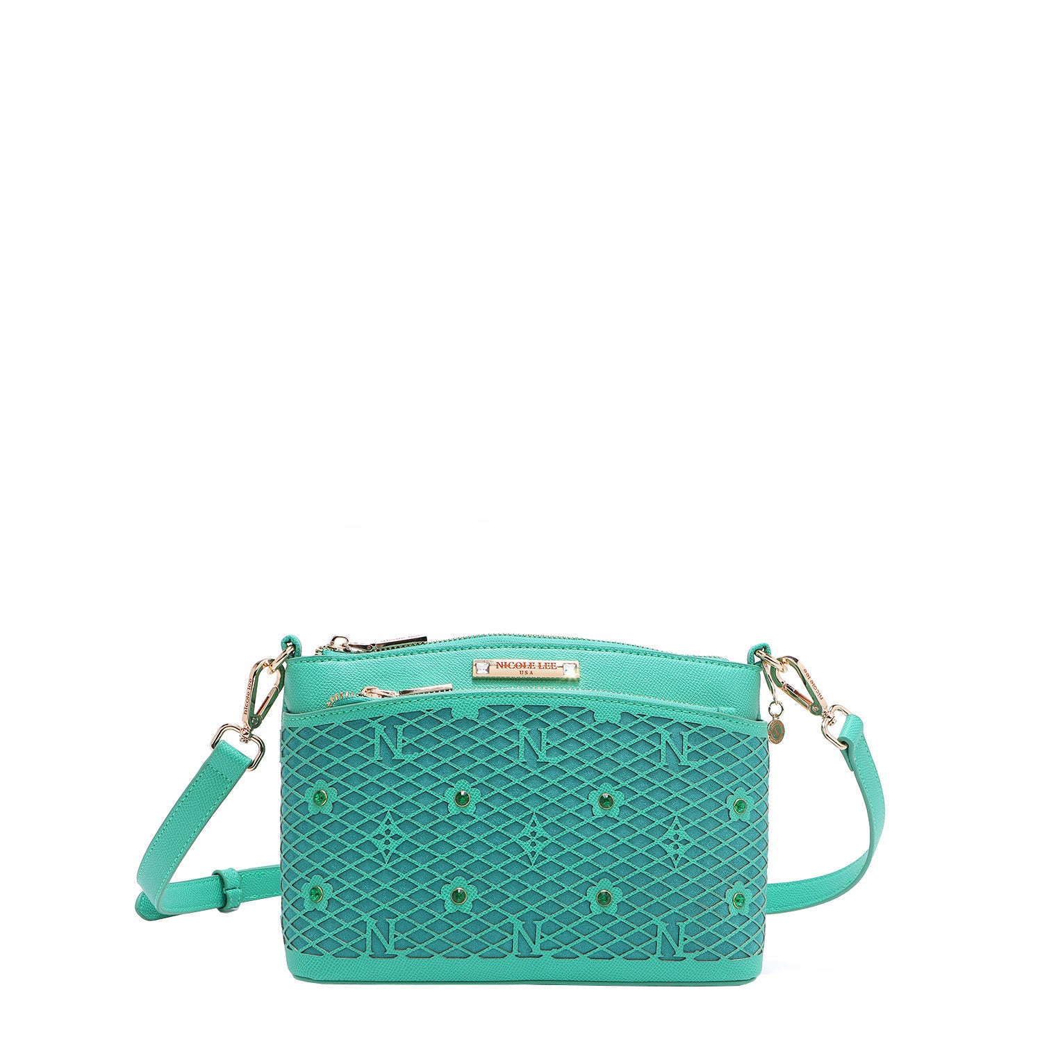 OUR GRACIE CROSSBODY WITH LACER-CUT AND RHINESTONES DETAILS IN COLOR EMERALD.