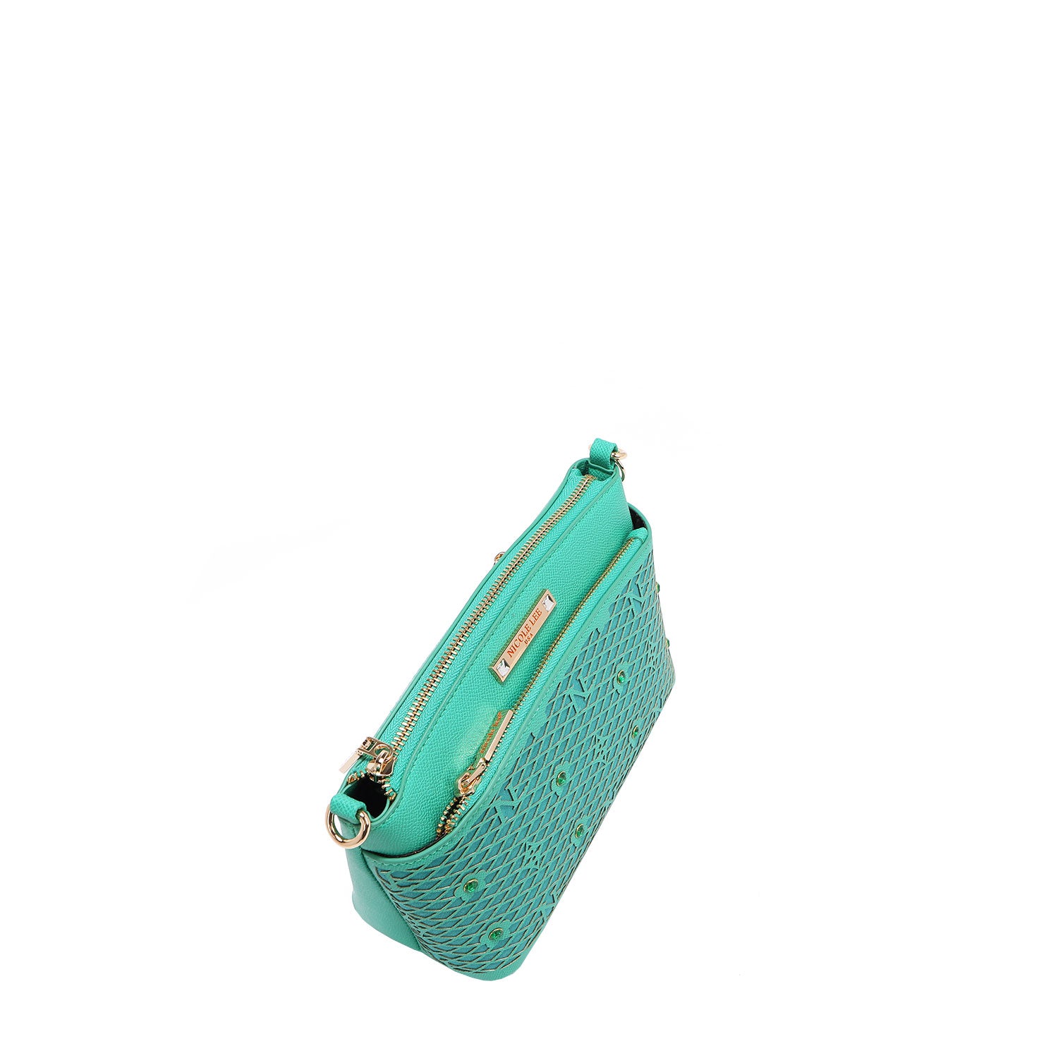 OUR GRACIE CROSSBODY WITH LACER-CUT AND RHINESTONES DETAILS IN COLOR EMERALD.