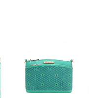 OUR GRACIE CROSSBODY WITH LACER-CUT AND RHINESTONES DETAILS IN COLOR EMERALD.
