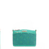 OUR GRACIE CROSSBODY WITH LACER-CUT AND RHINESTONES DETAILS IN COLOR EMERALD.