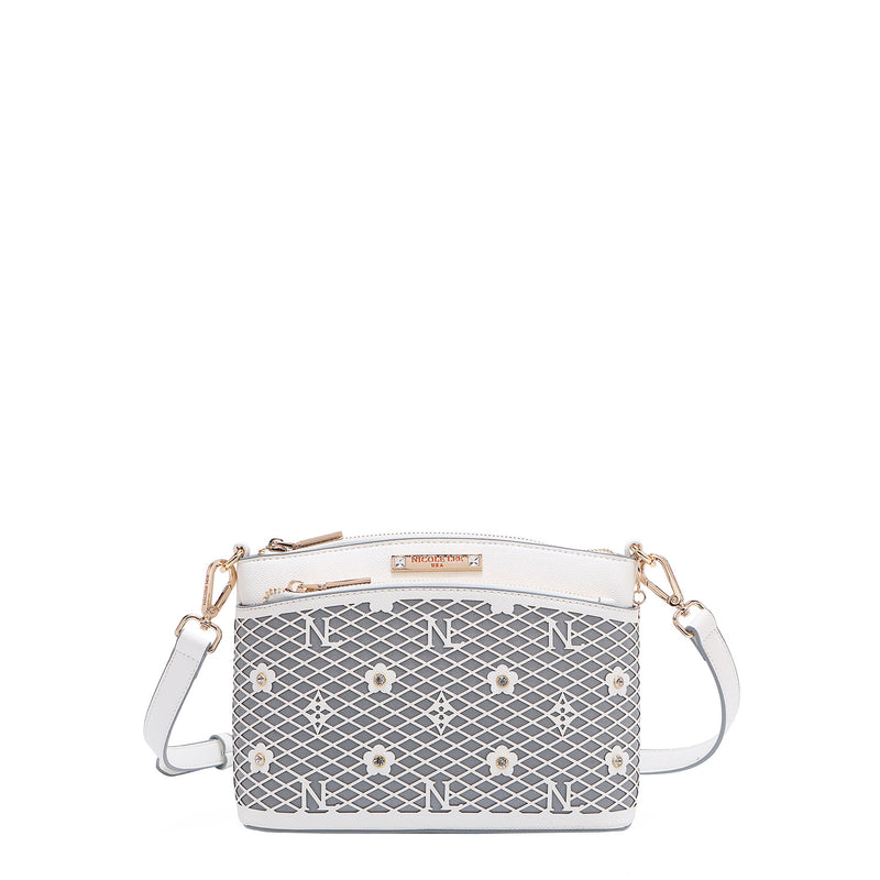 OUR GRACIE CROSSBODY WITH LACER-CUT AND RHINESTONES DETAILS IN COLOR WHITE.