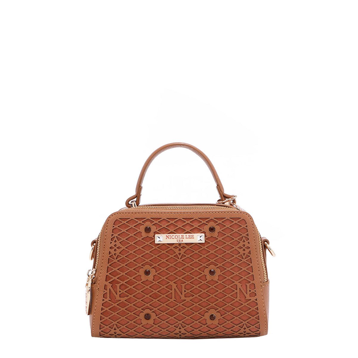 OUR MINI HANDBAG WITH LACER-CUT AND RHINESTONES DETAILS IN COLOR BROWN.