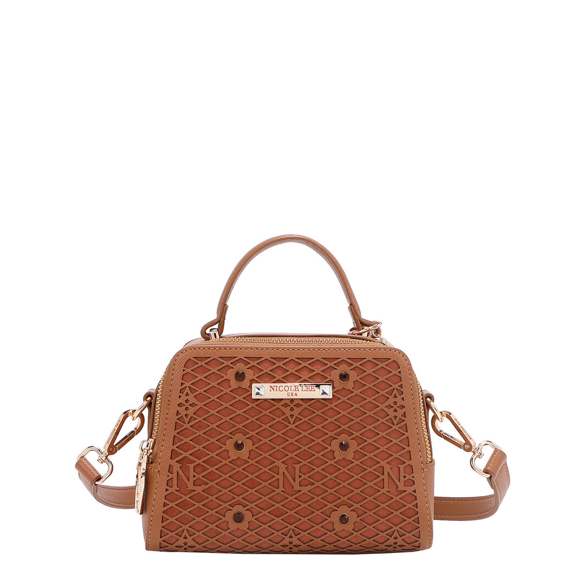 OUR MINI HANDBAG WITH LACER-CUT AND RHINESTONES DETAILS IN COLOR BROWN WITH STRAP.