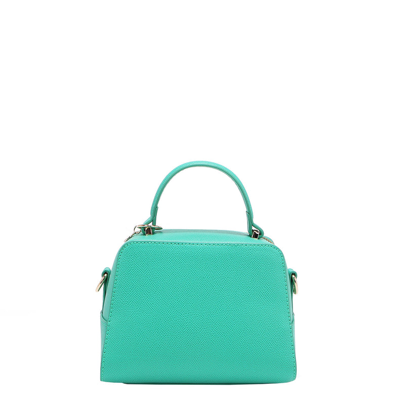 BACK OF OUR GRACIE MINI HANDBAG MADE WITH VEGAN LEATHER EXTERIOR.