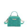 OUR MINI HANDBAG WITH LACER-CUT AND RHINESTONES DETAILS IN COLOR EMERALD.