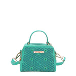 OUR MINI HANDBAG WITH LACER-CUT AND RHINESTONES DETAILS IN COLOR EMERALD.