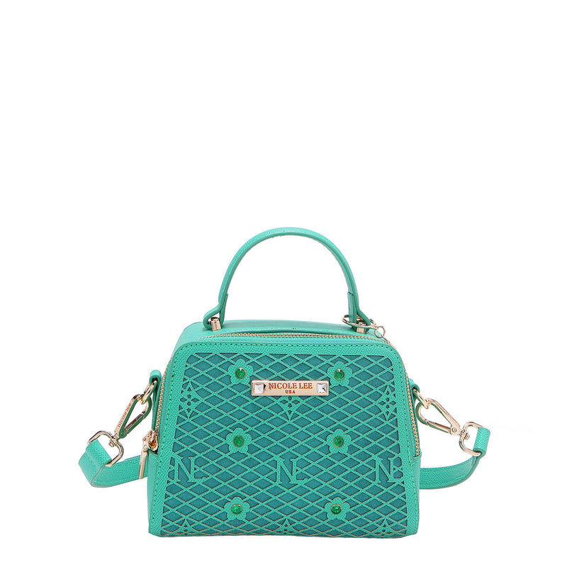 OUR MINI HANDBAG WITH LACER-CUT AND RHINESTONES DETAILS IN COLOR EMERALD.