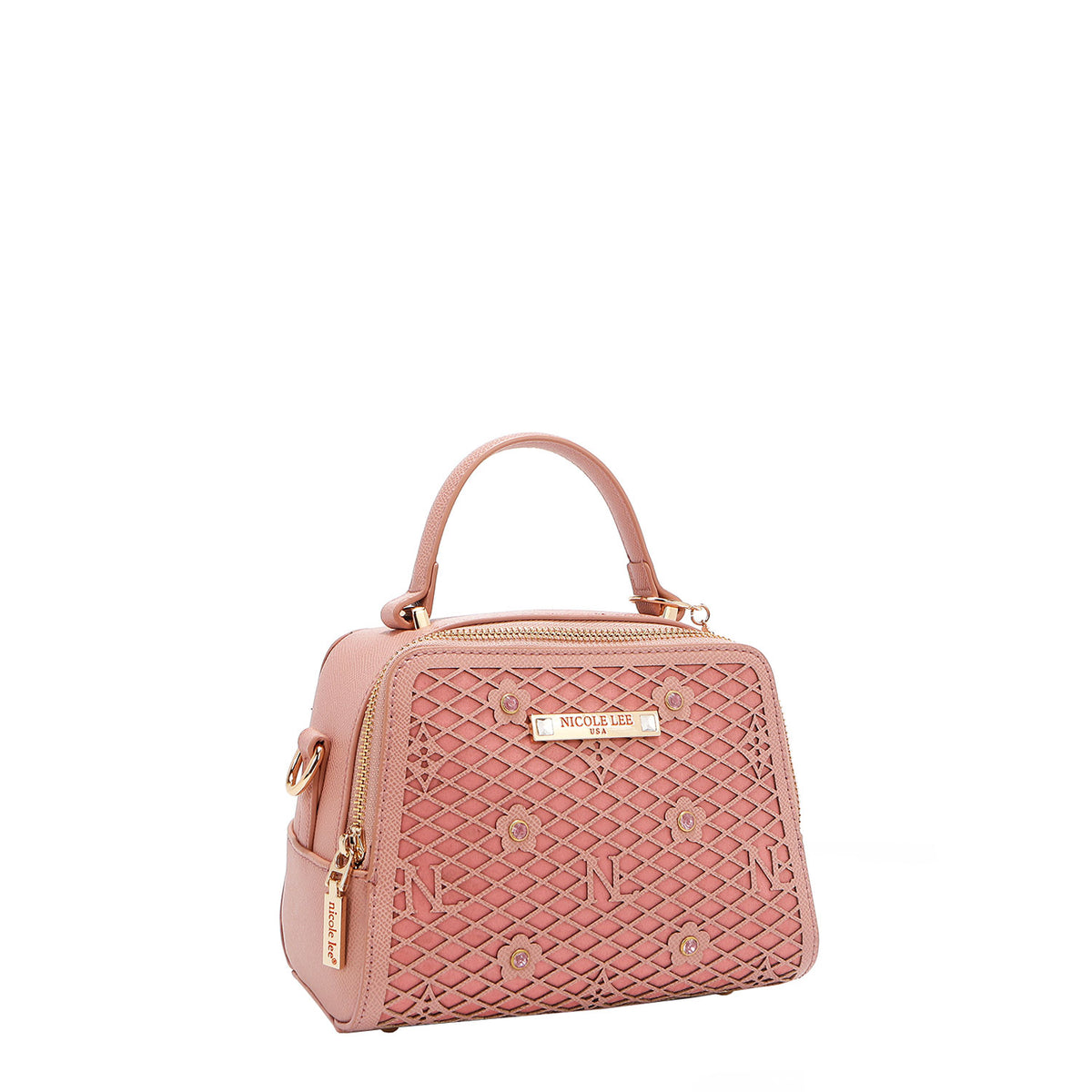 OUR MINI HANDBAG WITH LACER-CUT AND RHINESTONES DETAILS IN COLOR PINK.