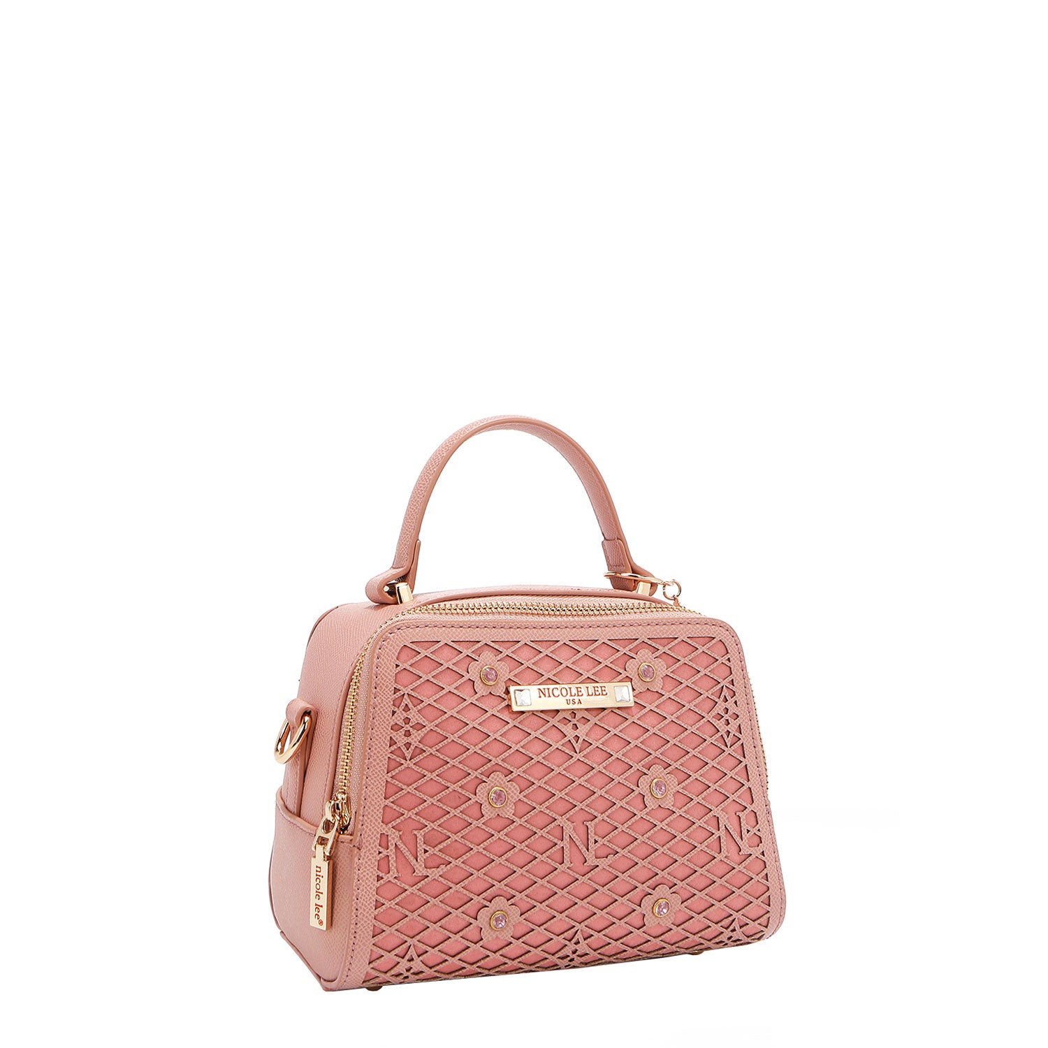 OUR MINI HANDBAG WITH LACER-CUT AND RHINESTONES DETAILS IN COLOR PINK.
