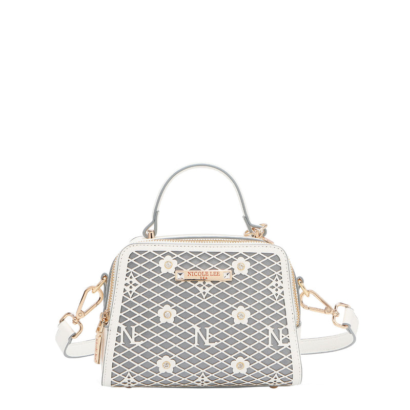 OUR MINI HANDBAG WITH LACER-CUT AND RHINESTONES DETAILS IN COLOR WHITE.