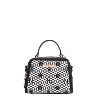 OUR MINI HANDBAG WITH LACER-CUT AND RHINESTONES DETAILS IN COLOR BLACK.