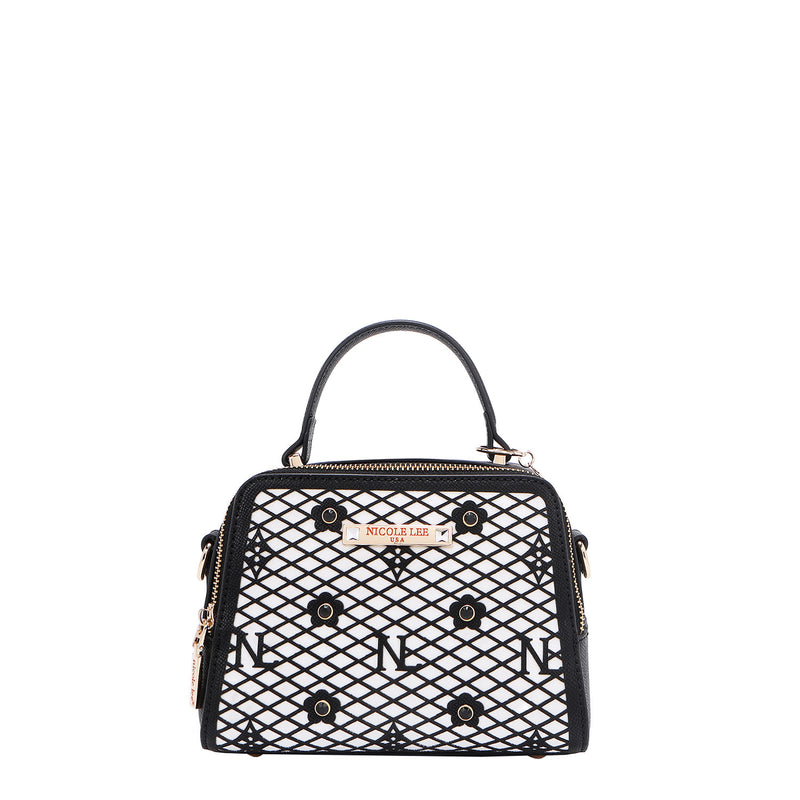 OUR MINI HANDBAG WITH LACER-CUT AND RHINESTONES DETAILS IN COLOR BLACK.