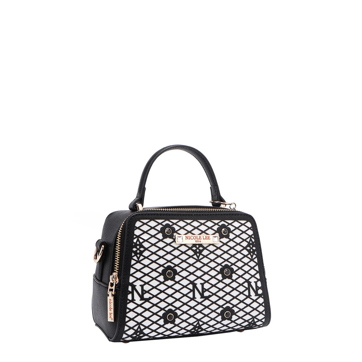 OUR MINI HANDBAG WITH LACER-CUT AND RHINESTONES DETAILS IN COLOR BLACK.
