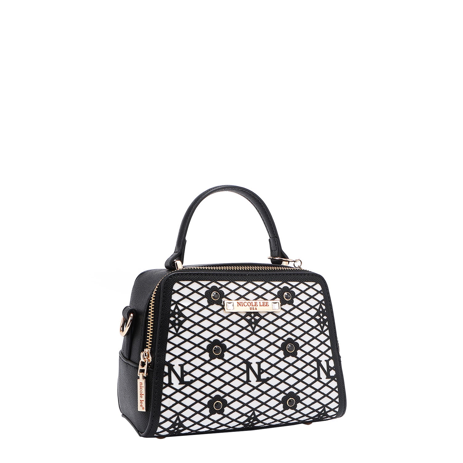 OUR MINI HANDBAG WITH LACER-CUT AND RHINESTONES DETAILS IN COLOR BLACK.