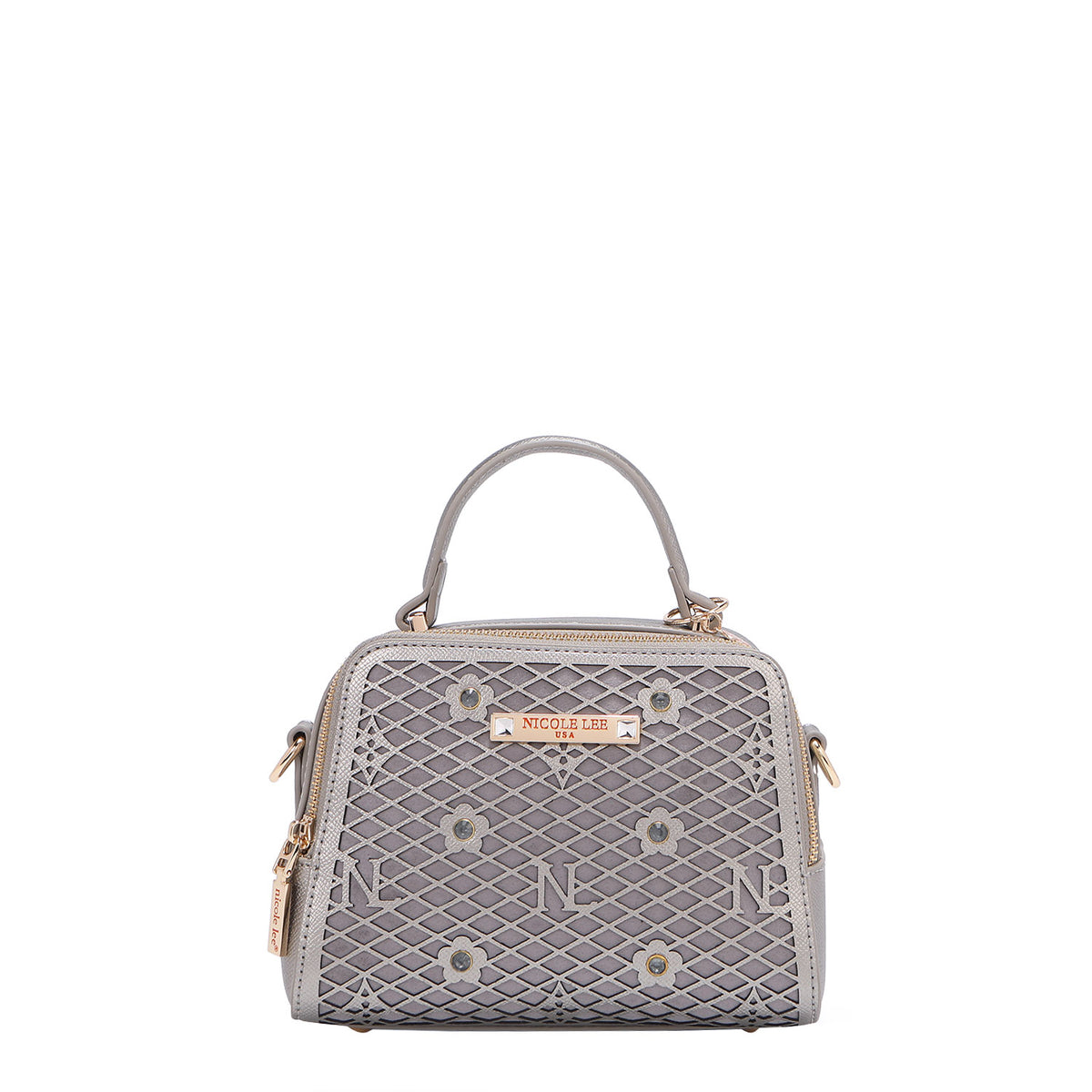 OUR MINI HANDBAG WITH LACER-CUT AND RHINESTONES DETAILS IN COLOR PEWTER.