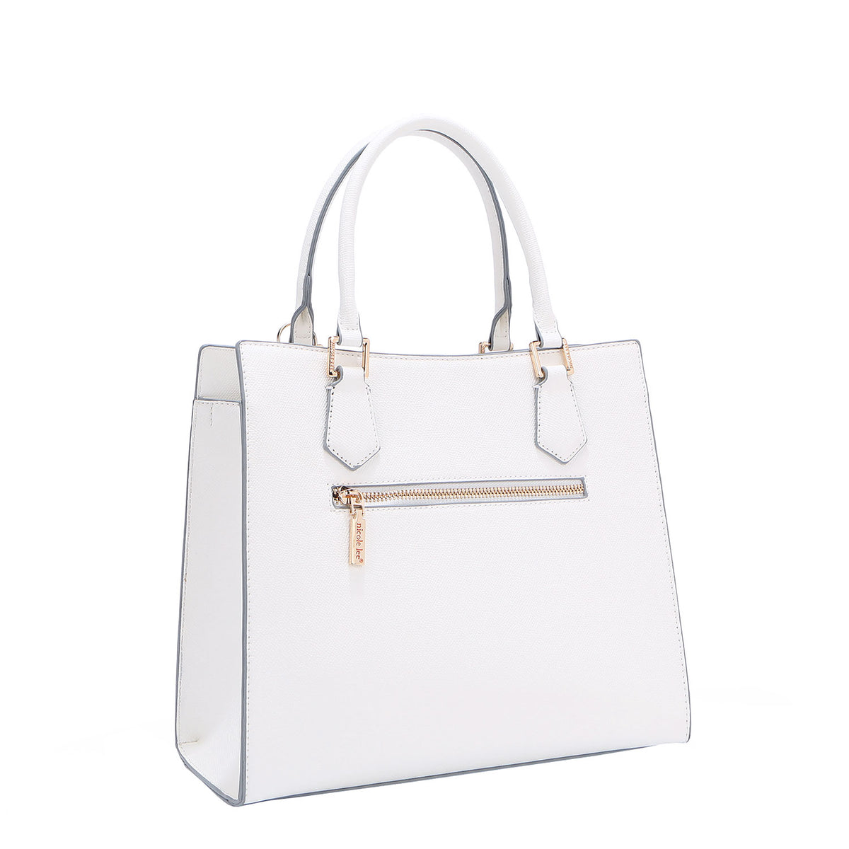 BACK OF OUR GRACIE STRUCTURED TOTE MADE WITH VEGAN LEATHER EXTERIOR.