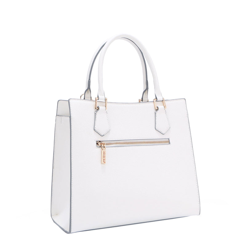 BACK OF OUR GRACIE STRUCTURED TOTE MADE WITH VEGAN LEATHER EXTERIOR.