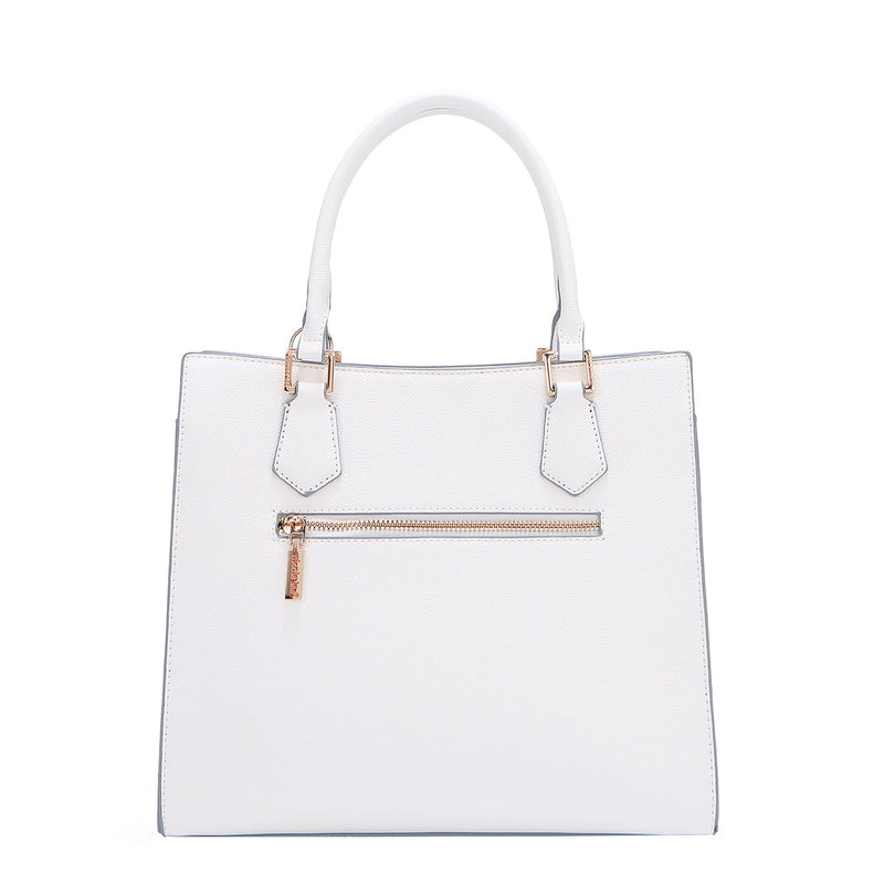 BACK OF OUR GRACIE STRUCTURED TOTE MADE WITH VEGAN LEATHER EXTERIOR.