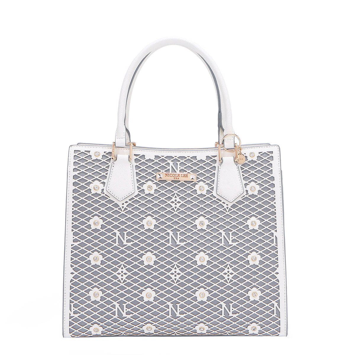 OUR GRACIE STRUCTURED TOTE WITH LACER-CUT AND RHINESTONES DETAILS IN COLOR WHITE.