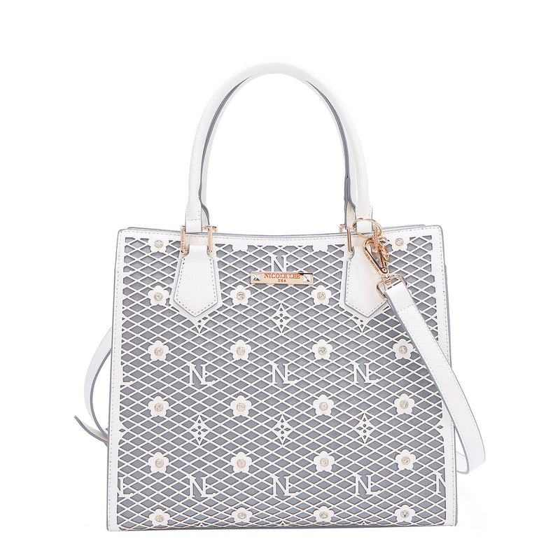OUR GRACIE STRUCTURED TOTE WITH LACER-CUT AND RHINESTONES DETAILS IN COLOR WHITE WITH STRAP.