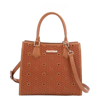 OUR GRACIE STRUCTURED TOTE WITH LACER-CUT AND RHINESTONES DETAILS IN COLOR BROWN WITH STRAP