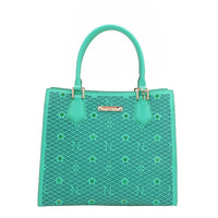 OUR GRACIE STRUCTURED TOTE WITH LACER-CUT AND RHINESTONES DETAILS IN COLOR EMERALD.
