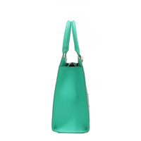 OUR GRACIE STRUCTURED TOTE WITH LACER-CUT AND RHINESTONES DETAILS IN COLOR EMERALD.