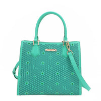 BOTTOM OF OUR GRACIE STRUCTURED TOTE IN EMERALD COLOR AND GOLD-TONE HARDWARE